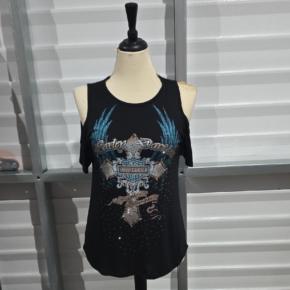 Harley-Davidson Black Open Shoulder Tee with Blue and Silver Bling Design Medium